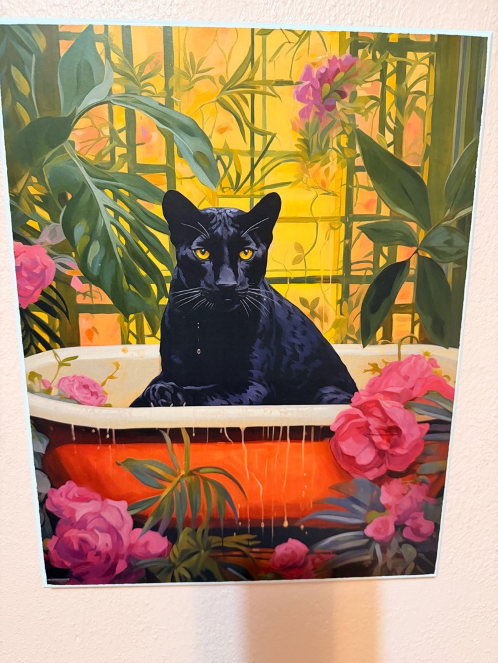 Black Panther Art Print with Pink Floral Accents